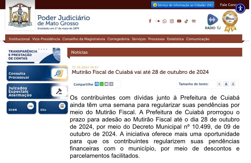 Mutirão Fiscal de Cuiabá vai até 28 de outubro de 2024